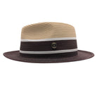 Beige and brown fedora hat side view with pinched crown, dark brown band section, white stripe accents, and brown brim