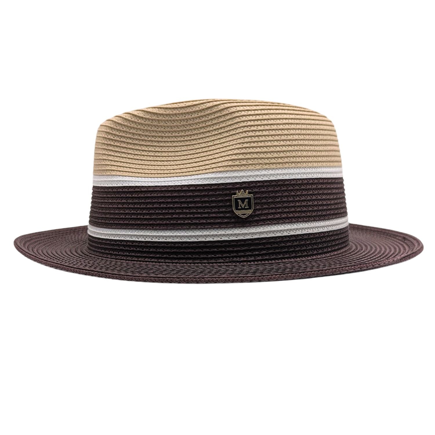 Beige and brown fedora hat side view with pinched crown, dark brown band section, white stripe accents, and brown brim