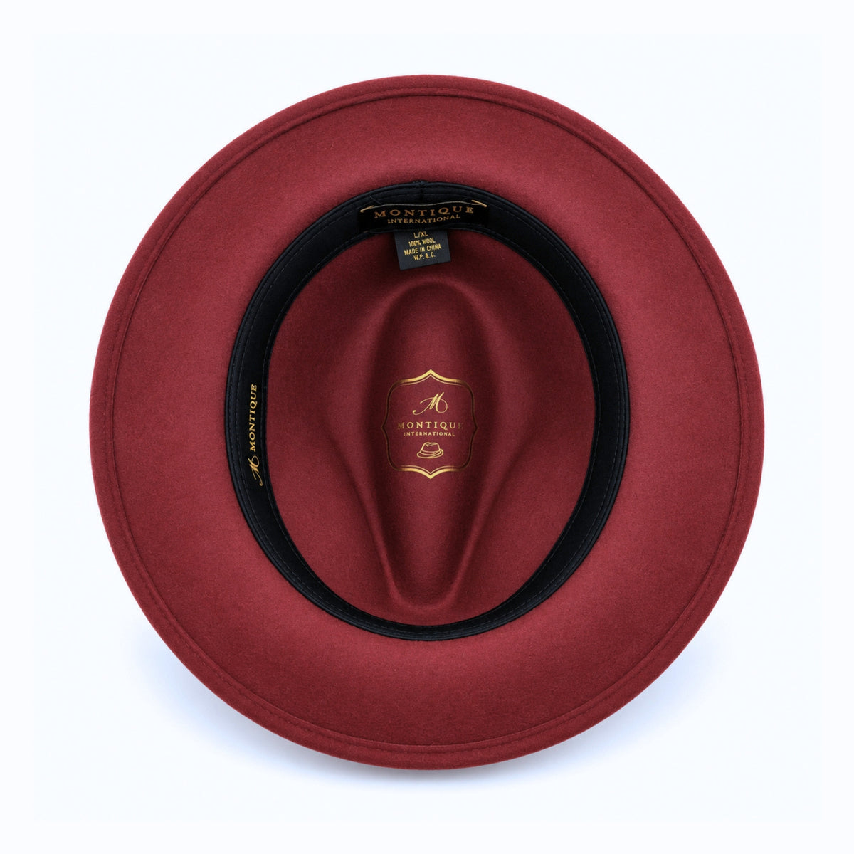 burgundy Lightfelt wide brim wool felt pinch crown fedora hat by Montique interior view with branded lining and black sweatband