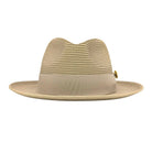 Montique khaki straw fedora hat front view with matching ribbon band, gold logo pin, woven crown, and wide brim