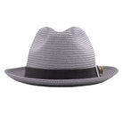 Grey Montique fedora hat front view with grey ribbon band, white bow accent, woven crown, and Montique logo pin