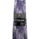 Back detail of Stacy Adams purple paisley tie and pocket square set with Stacy Adams label
