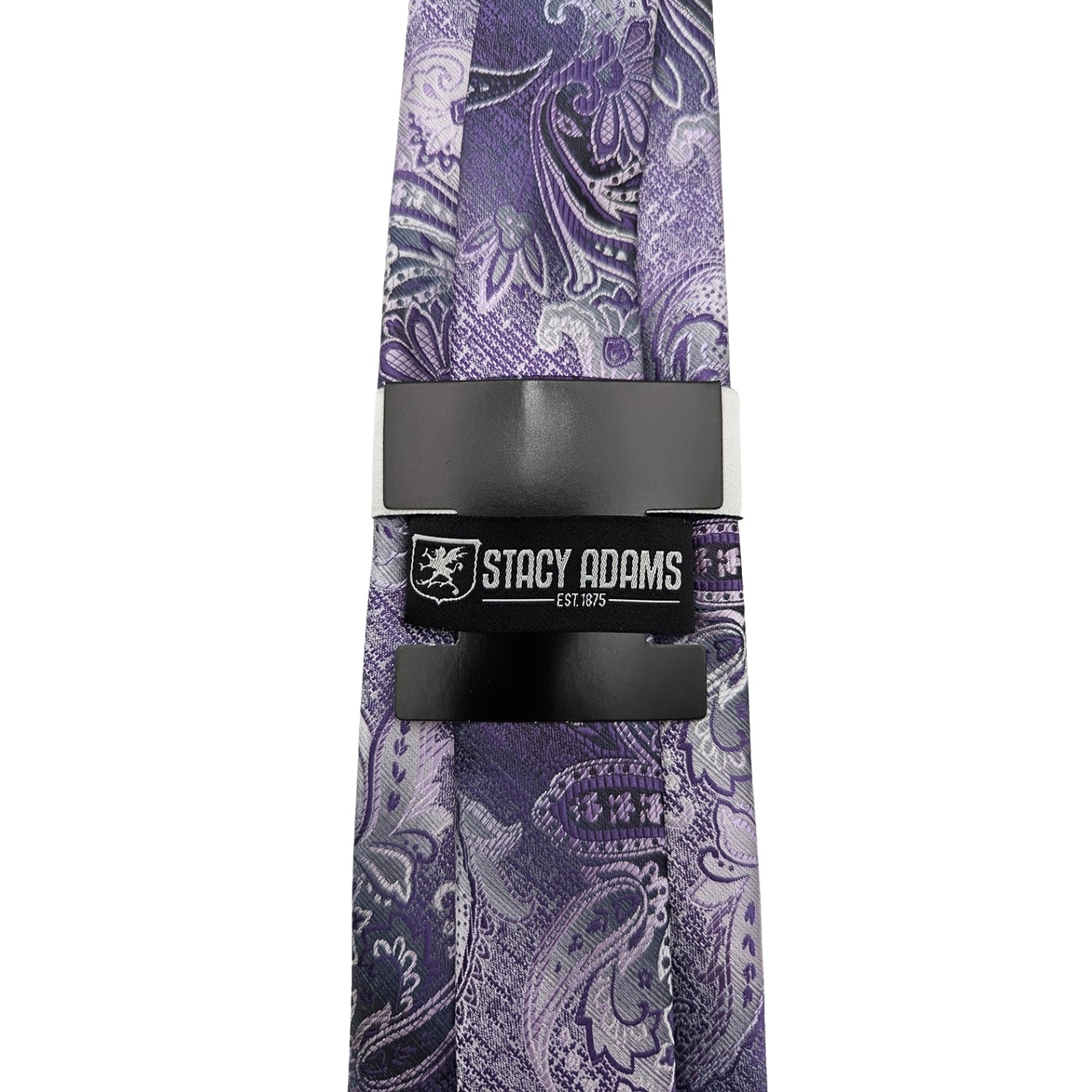 Back detail of Stacy Adams purple paisley tie and pocket square set with Stacy Adams label