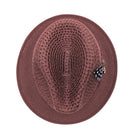 burgundy Montique fedora hat top view with open woven crown, matching brim, and side feather detail