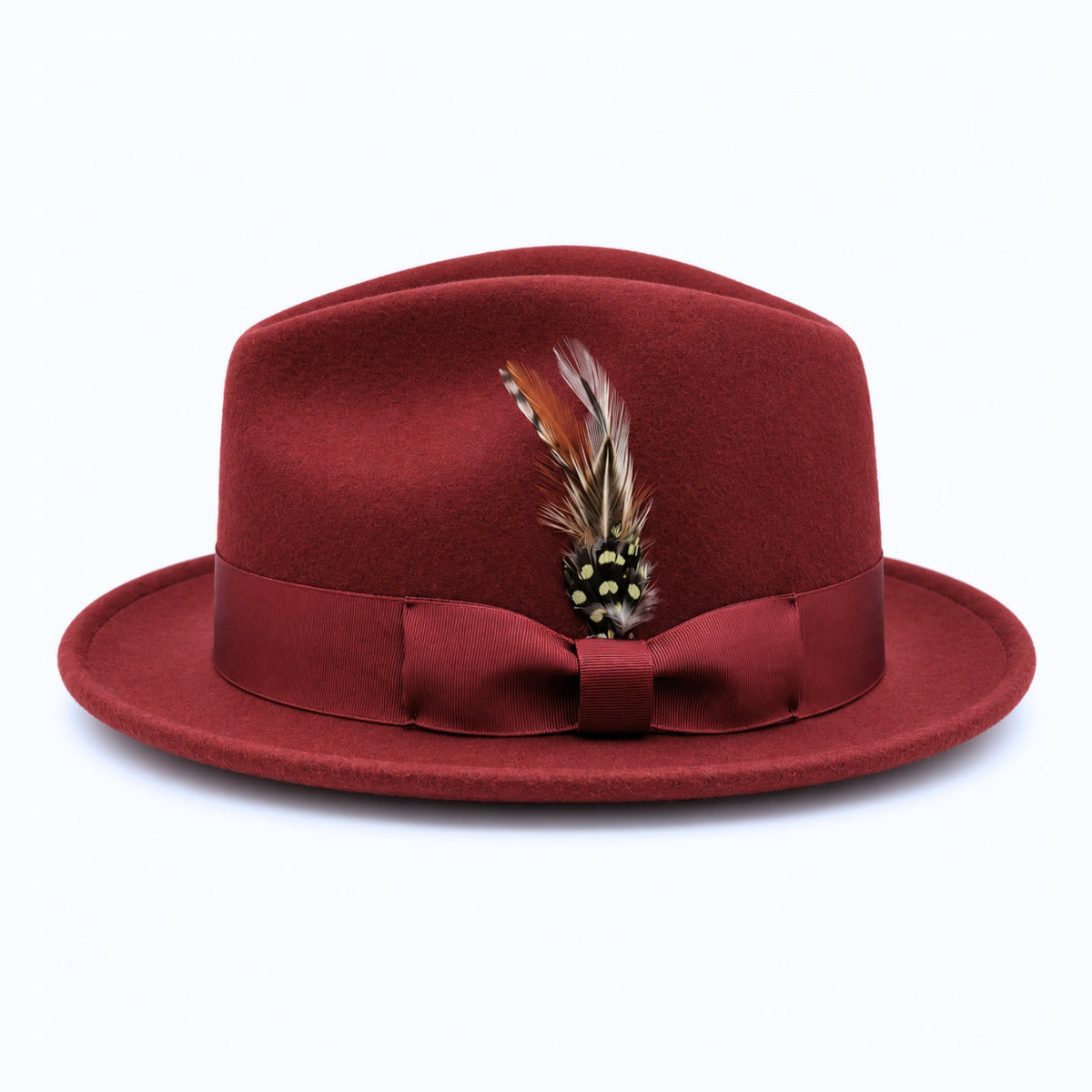 burgundy Montique Lightfelt wide brim wool felt fedora hat side view with pinch crown and black grosgrain band