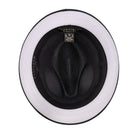 Montique black and white bottom straw fedora hat inside view with branded sweatband