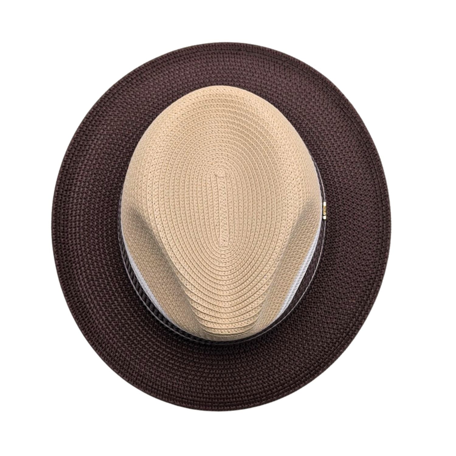 Beige and brown fedora hat top view showing beige crown, dark brown brim, white side trim, and woven texture