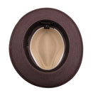 Beige and brown fedora hat interior view with beige crown, brown brim, white trim, and branded sweatband