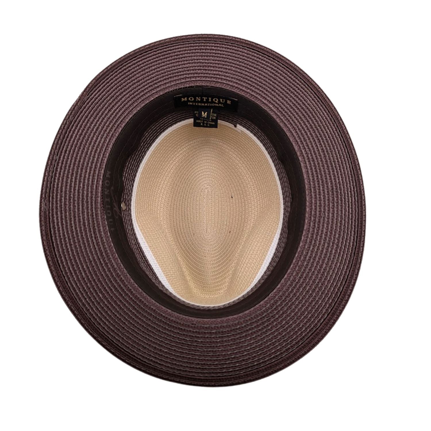 Beige and brown fedora hat interior view with beige crown, brown brim, white trim, and branded sweatband