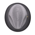 Grey Montique fedora hat top view with grey and white woven crown, solid grey brim, and side logo pin detail