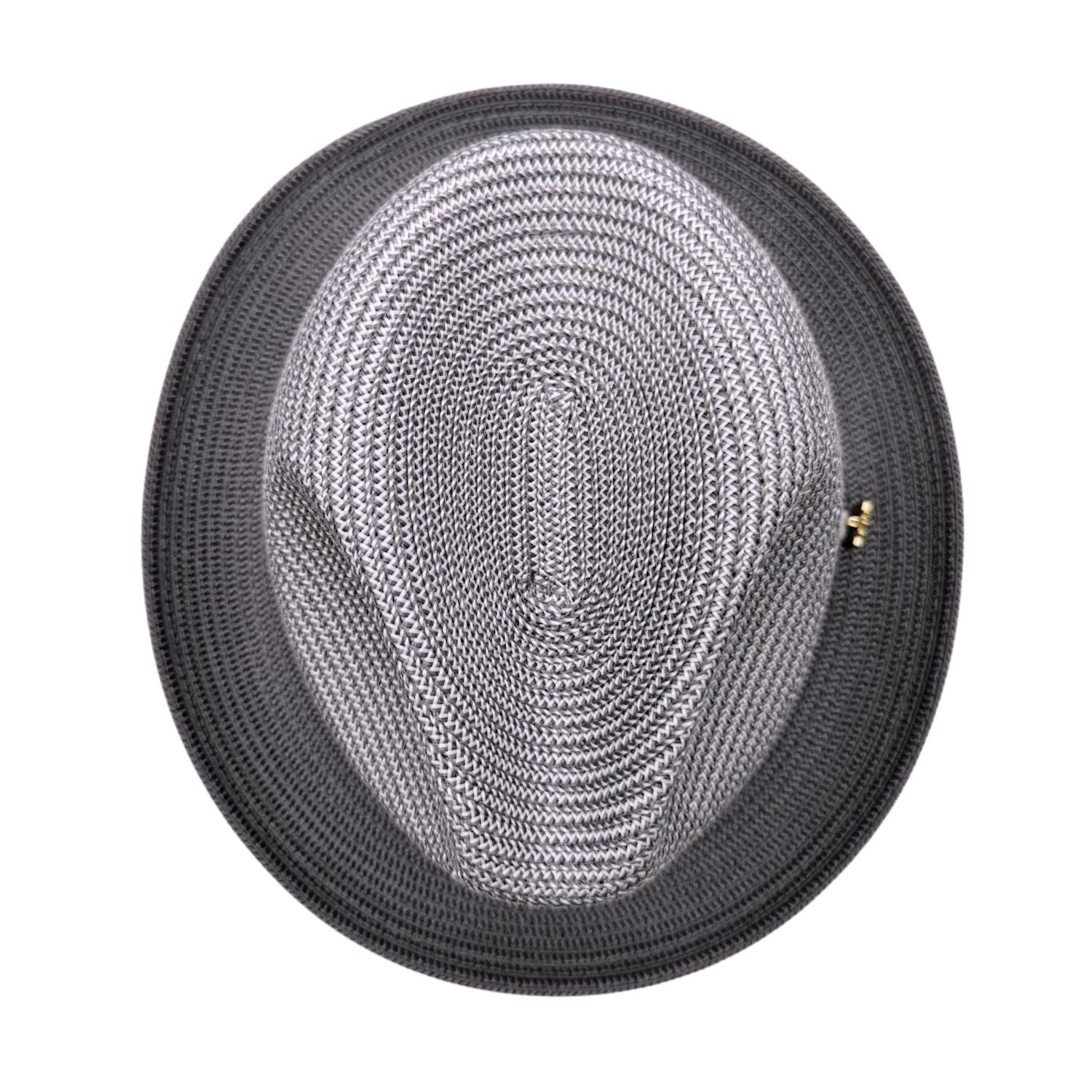 Grey Montique fedora hat top view with grey and white woven crown, solid grey brim, and side logo pin detail
