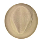 Montique khaki straw fedora hat top view showing woven crown, wide brim, and side logo pin detail