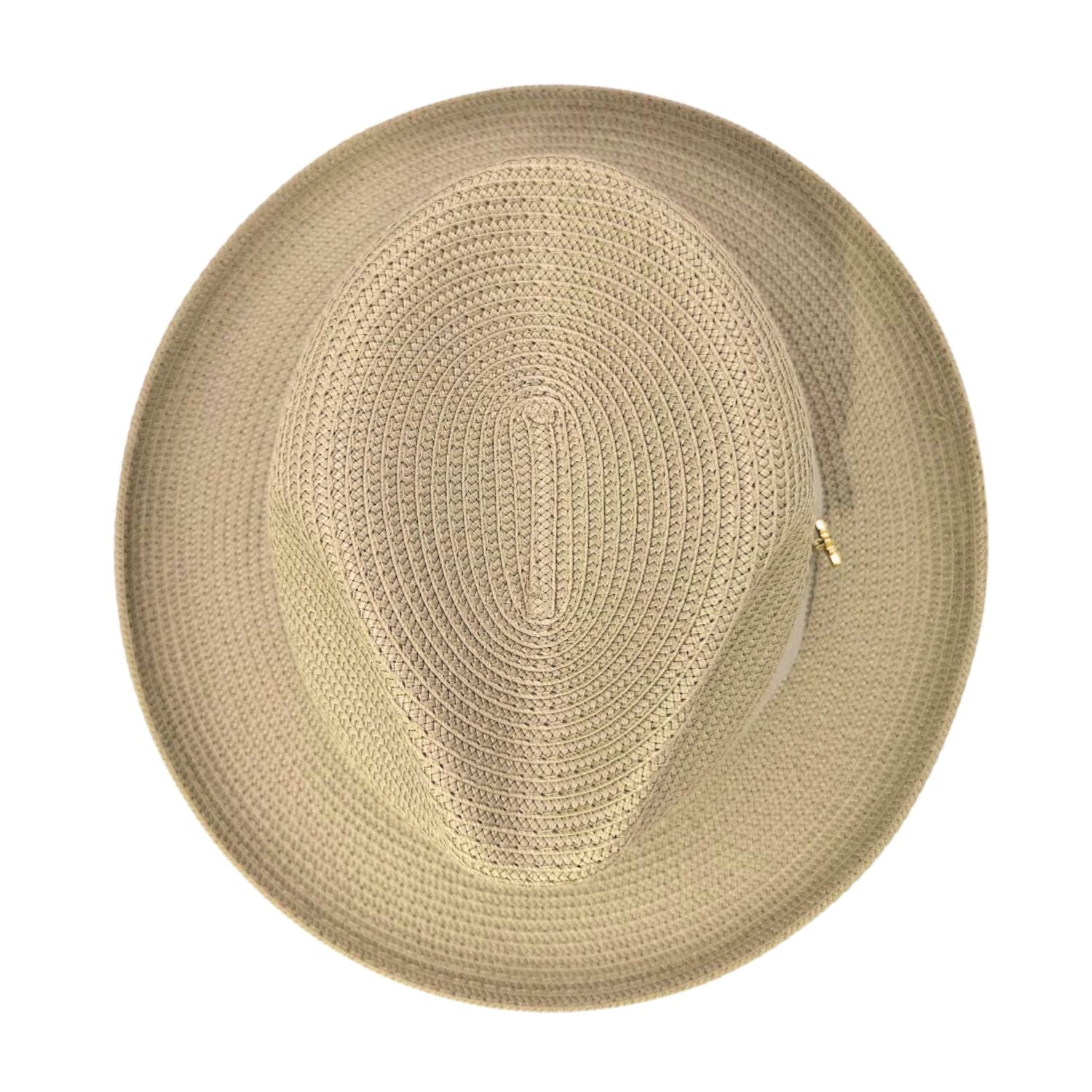 Montique khaki straw fedora hat top view showing woven crown, wide brim, and side logo pin detail