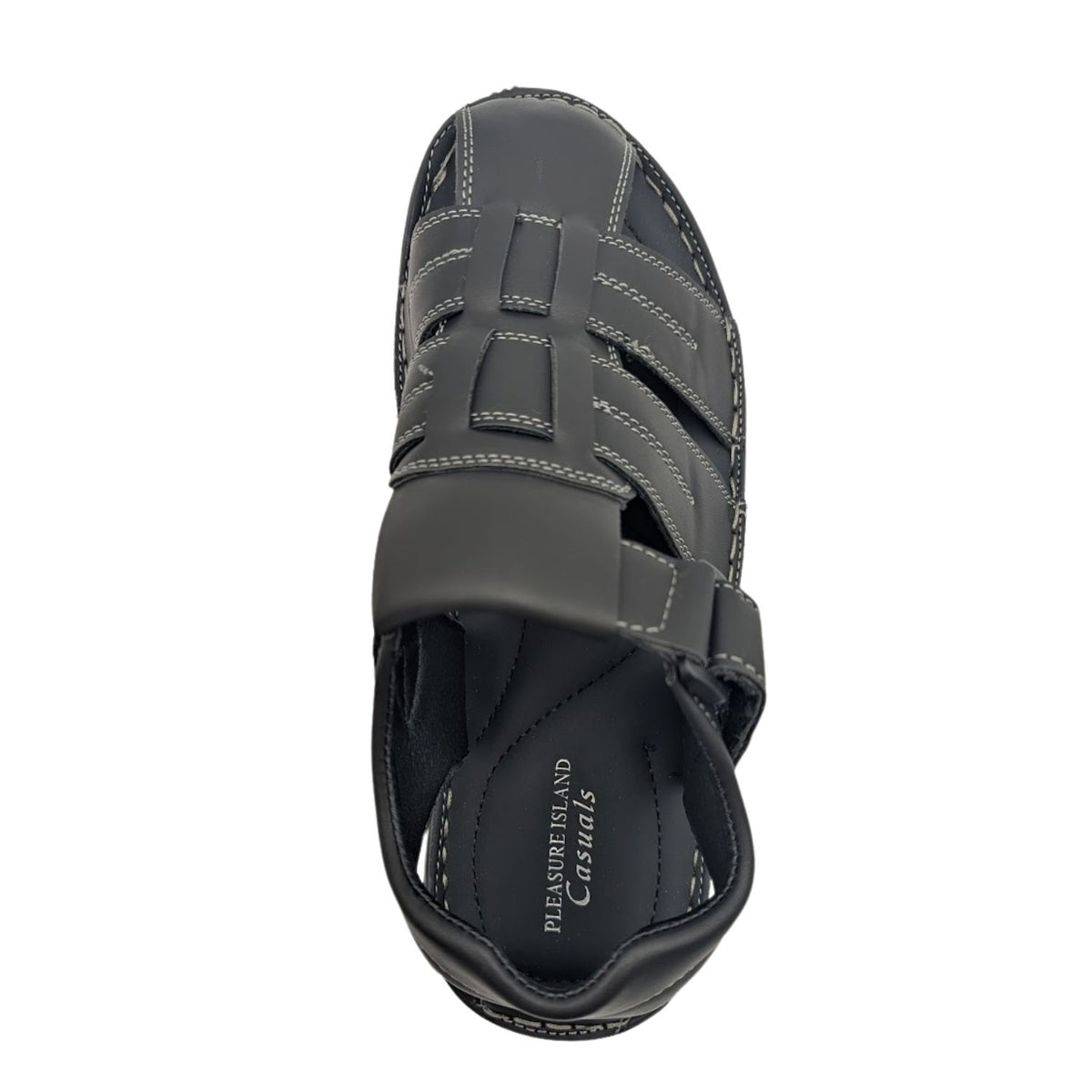 black closed toe fisherman sandal with hook and loop strap top view