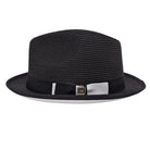 Montique black with white bottom straw fedora hat side view with white bow detail and logo pin
