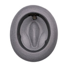 Grey Montique fedora hat interior view with woven crown, grey brim, black sweatband, and branded size label