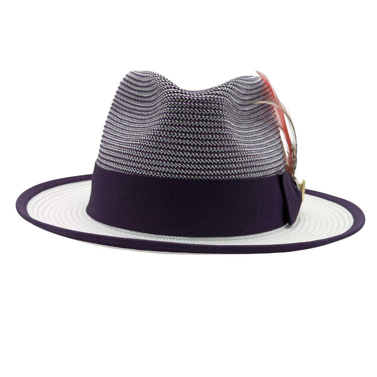 Montique purple and white summer fedora side view with ribbon band and feather accent