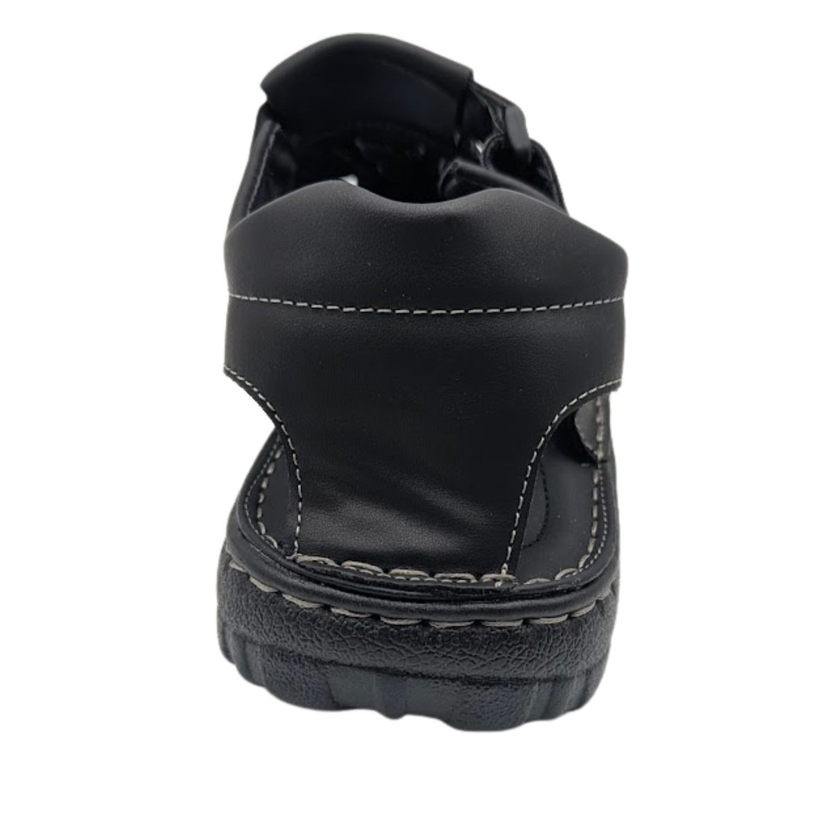 black closed toe fisherman sandal with padded heel rear view