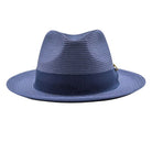 Montique navy straw fedora hat front view with pinch crown