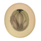 Montique khaki straw fedora hat inside view with wide brim, woven crown, inner band, and brand label