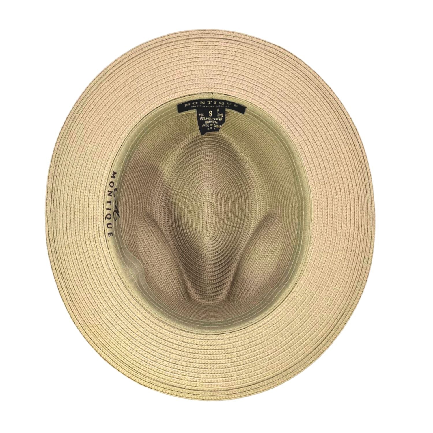 Montique khaki straw fedora hat inside view with wide brim, woven crown, inner band, and brand label