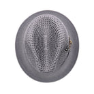 grey Montique fedora hat top view with open woven crown, matching brim, and side feather detail
