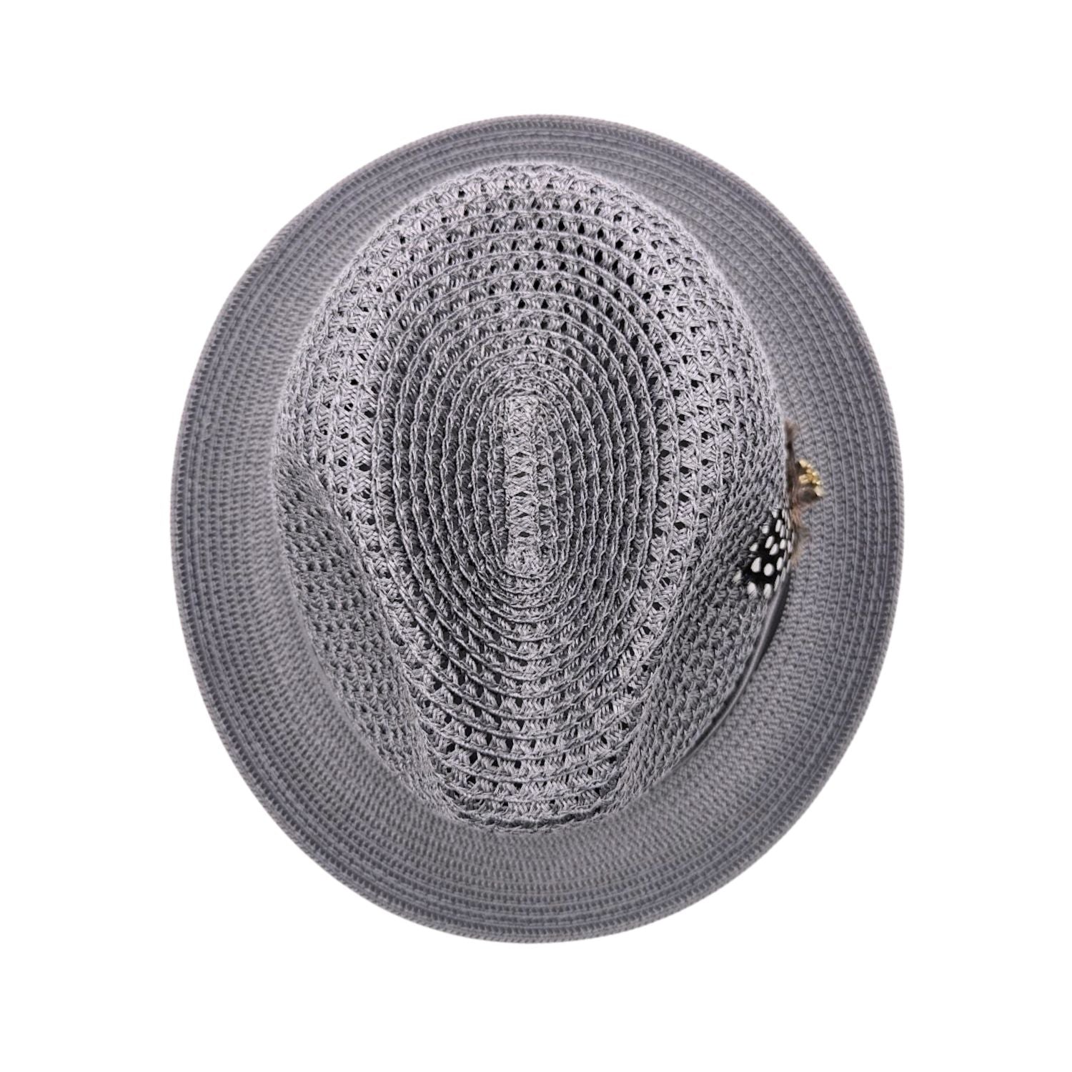 grey Montique fedora hat top view with open woven crown, matching brim, and side feather detail