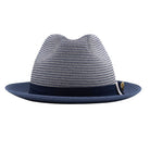 Navy Montique fedora hat front view with navy and white woven crown, matching navy band, and solid navy brim