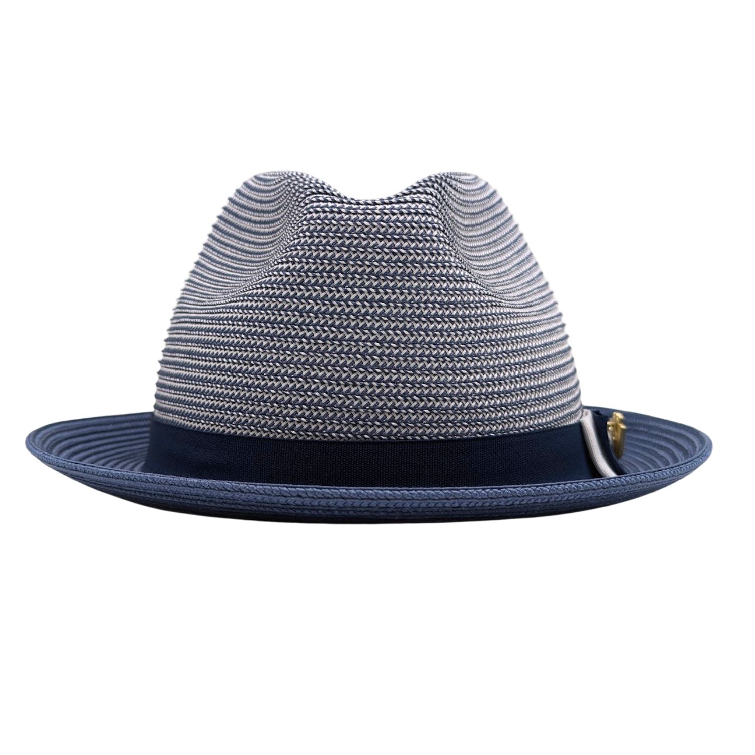Navy Montique fedora hat front view with navy and white woven crown, matching navy band, and solid navy brim