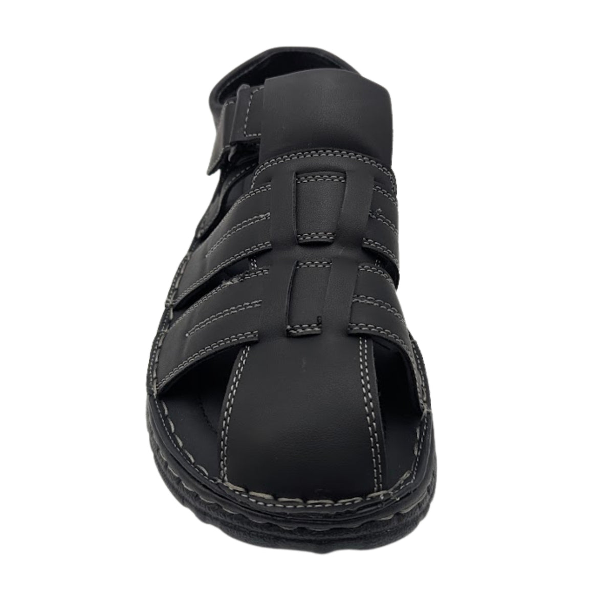 black closed toe fisherman sandal with woven straps front view