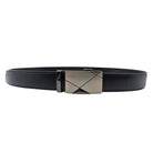 Removable brushed metal buckle on black leather ratchet belt