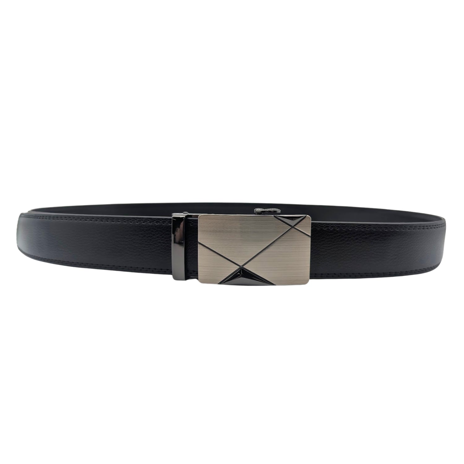 Removable brushed metal buckle on black leather ratchet belt