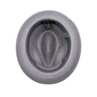 Grey Montique fedora hat interior view with open weave crown, white sweatband, and branded label