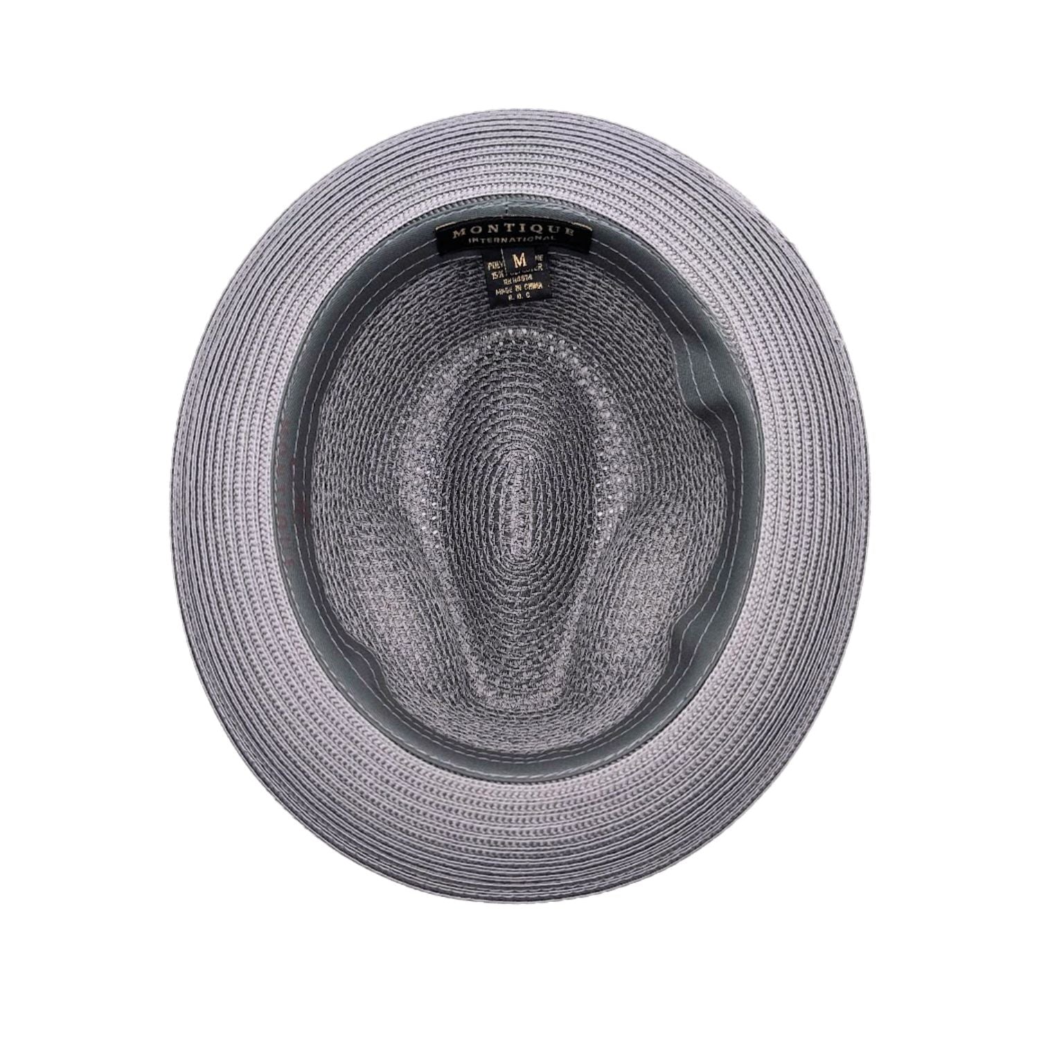 Grey Montique fedora hat interior view with open weave crown, white sweatband, and branded label