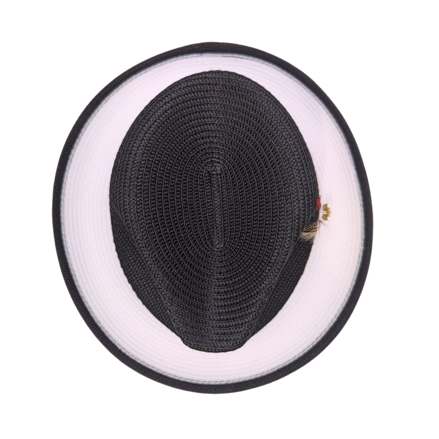 Black and white Montique fedora hat top view showing black woven crown, white brim underside, black brim edge, and side feather detail