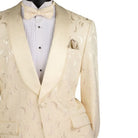 Close-up detail of light champagne floral jacquard fabric and satin shawl lapel
