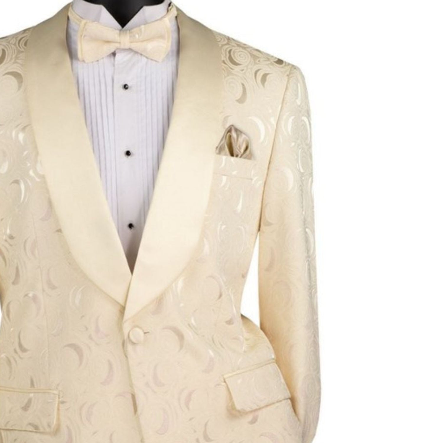 Close-up detail of light champagne floral jacquard fabric and satin shawl lapel