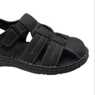 black closed toe fisherman sandal with contrast stitching side view close up 