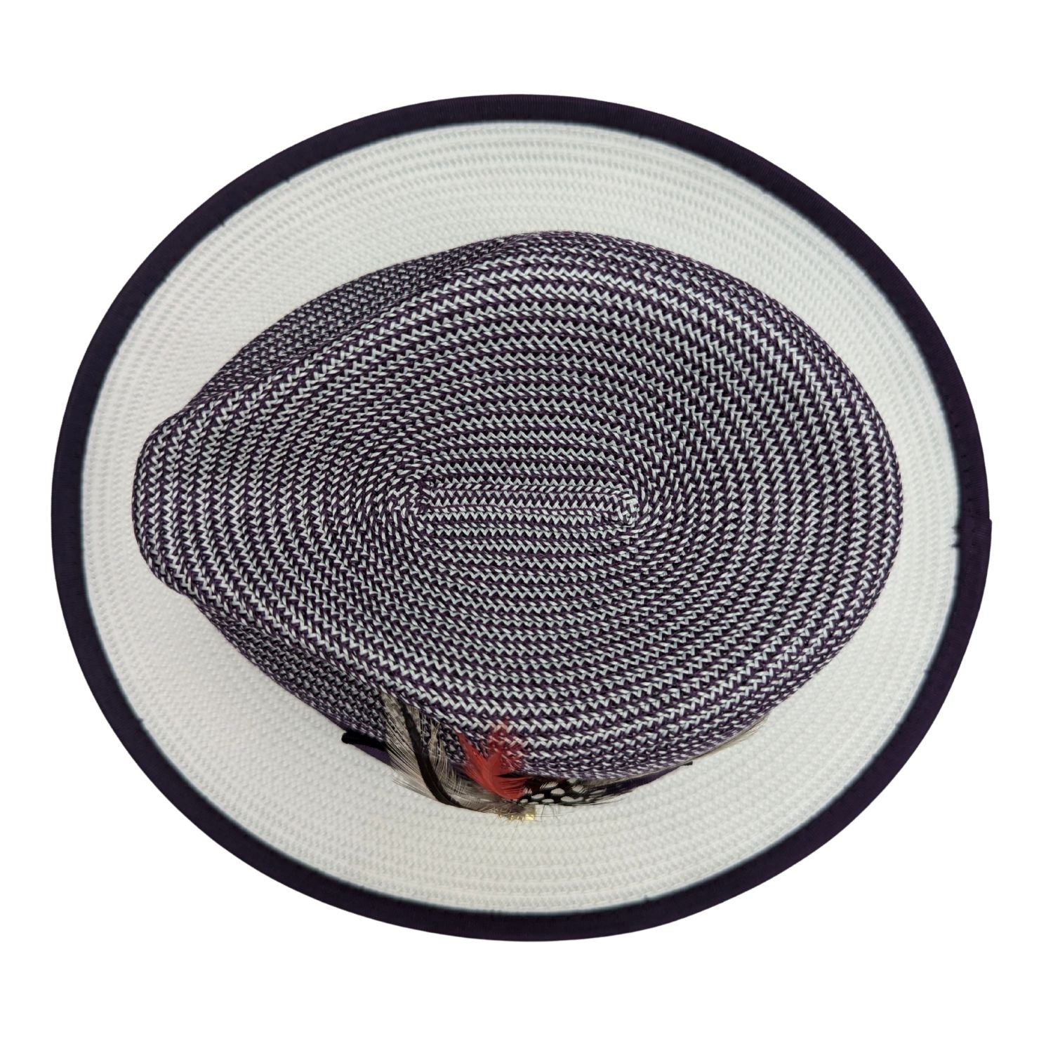 Montique purple and white braided fedora hat top view with contrast white brim