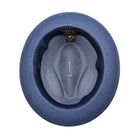 Navy Montique fedora hat interior view with woven crown, navy sweatband, wide brim, and branded size label