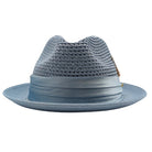 Montique Carolina straw fedora hat front view with feather accent and logo pin