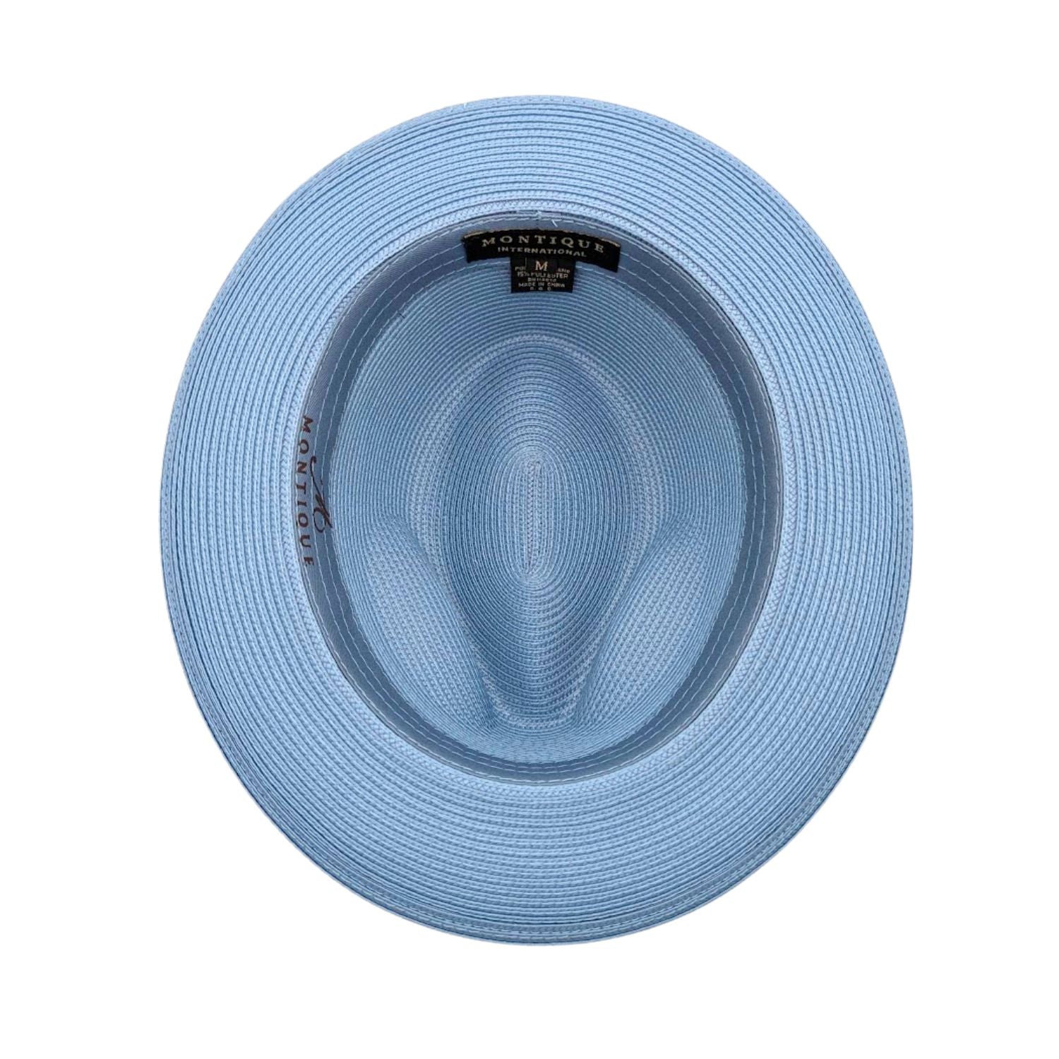 Montique Carolina blue straw fedora hat inside view with wide brim, woven lining, inner band, and brand label