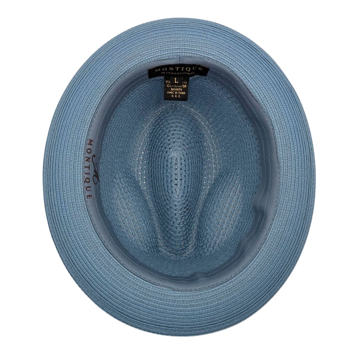 Montique Carolina straw fedora hat inside view with branded sweatband