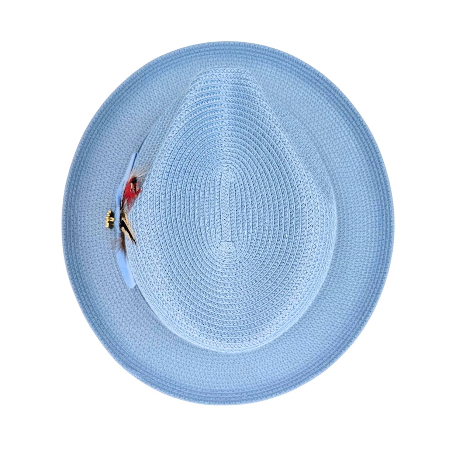 Montique Carolina blue straw fedora hat top view with wide brim, woven crown, and side feather accent