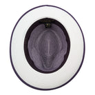 Montique purple and white summer fedora hat inside view with white brim and purple crown