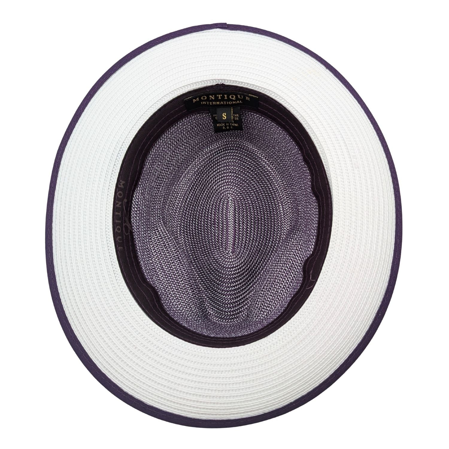 Montique purple and white summer fedora hat inside view with white brim and purple crown