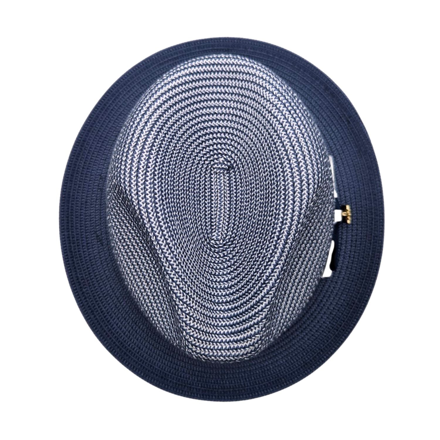 Navy Montique fedora hat top view with navy and white woven crown, solid navy brim, and side logo pin detail