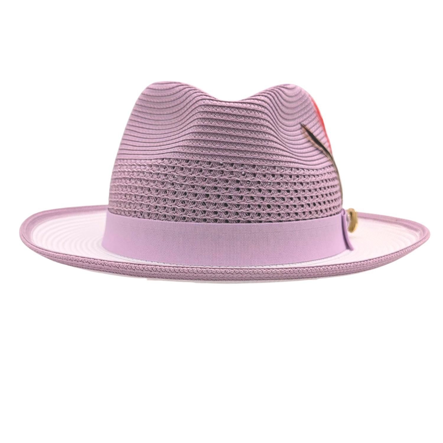 Lavender and white fedora hat front view showing open weave crown, lavender hat band, white brim contrast, and side feather detail