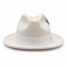 White Lightfelt 2 1/2 inch wide brim pinch crown fedora hat by Montique front view with grosgrain bow and feather accent
