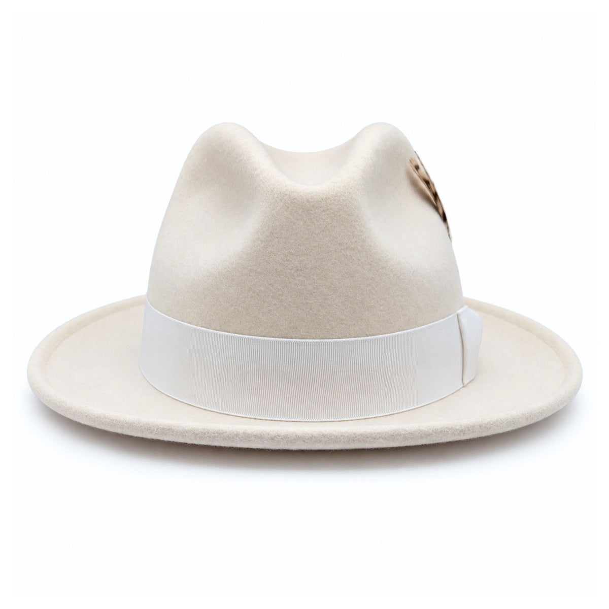 White Lightfelt 2 1/2 inch wide brim pinch crown fedora hat by Montique front view with grosgrain bow and feather accent
